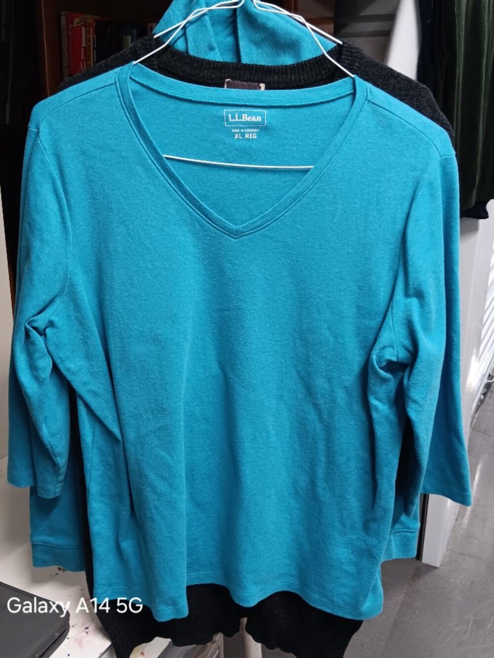 LL BEAN Womens XL Regular Teal Blue V Neck 3/4 Sleeve Classic Cotton Knit Top